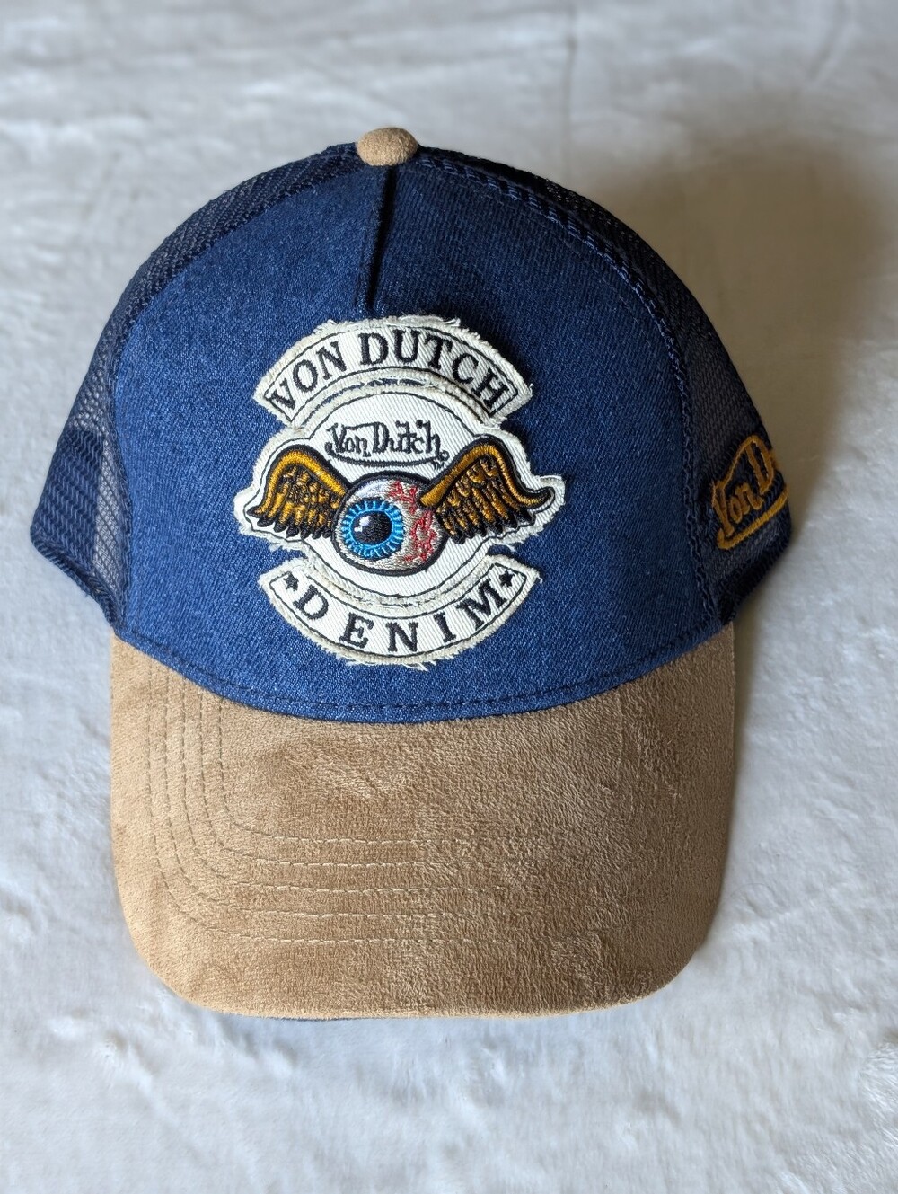 Von Dutch Dark Blue Denim/Khaki Suede Trucker Hat - New With Tag